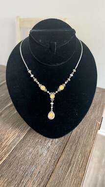 Vintage Avon Silver-Tone Yellow Cabochon and Rhinestone Y-Drop Necklace